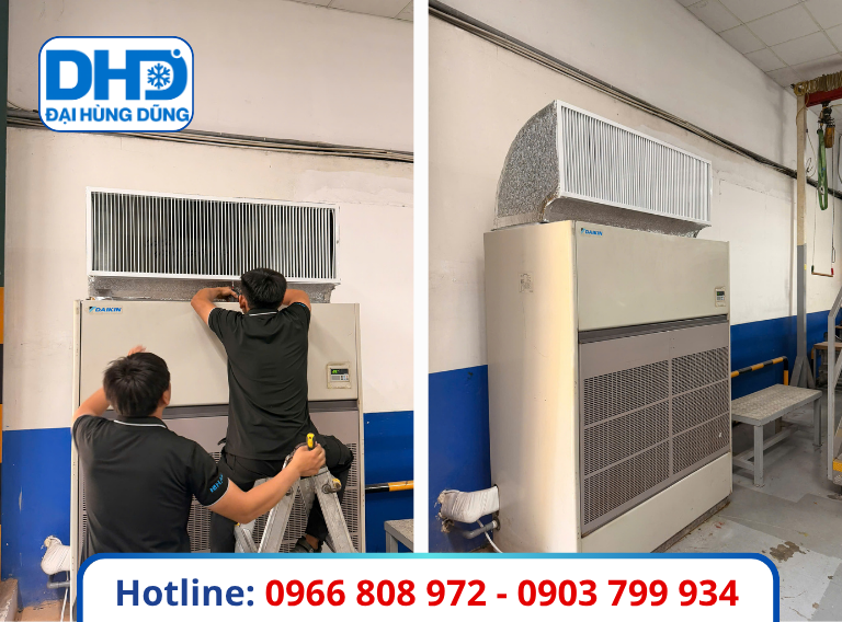 Máy lạnh tủ đứng nối ống gió trong nhà xưởng cho thuê máy lạnh dài hạn Điện Lạnh Đại Hùng Dũng